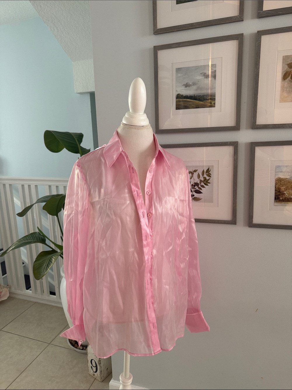 Meshki Sheer Light Pink Satin-Trim Button-Up Shirt